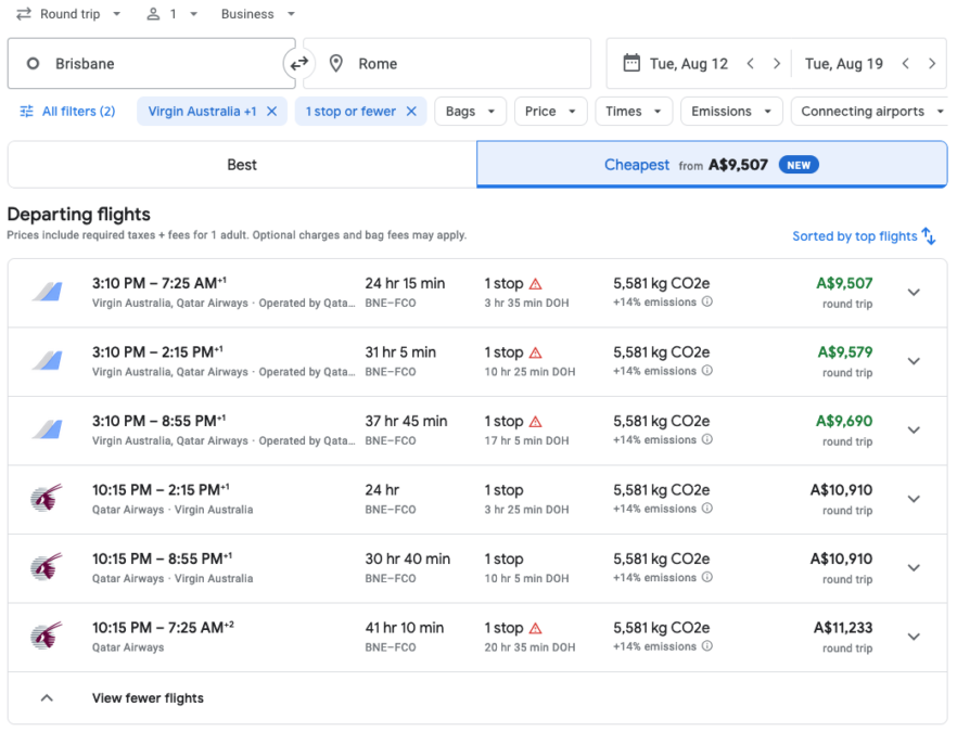 a screenshot of a flight schedule
